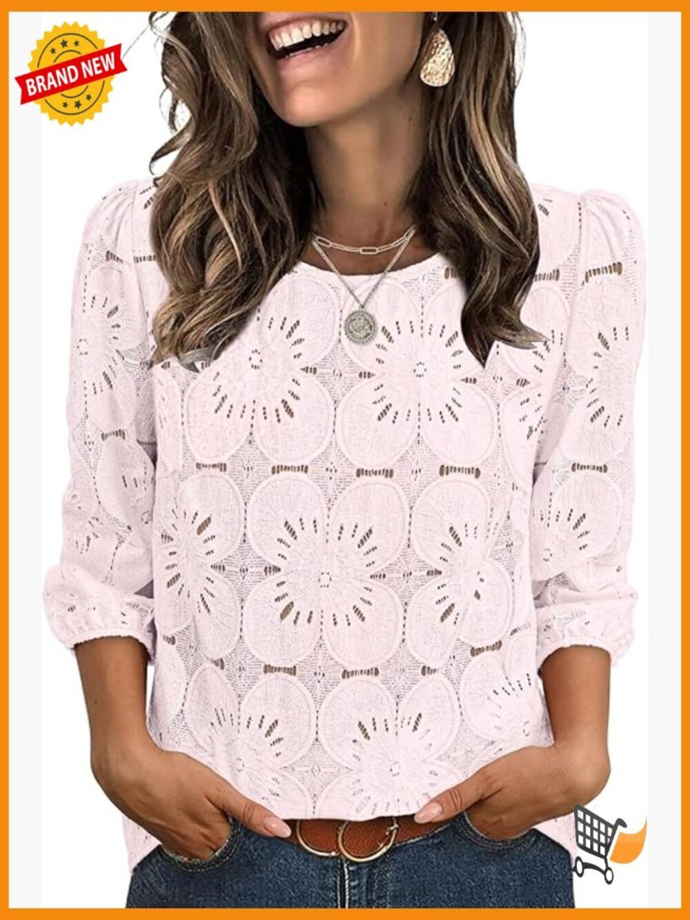 Floral Eyelet Lace Blouse 3/4 Sleeve Peasant Top Lightweight Spring Summer